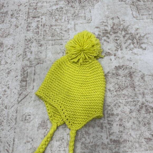 Urban Outfitters Hat Beanie Fitted Womens One Size Yellow Knit Pom Pom Ear Flap - Picture 2 of 7